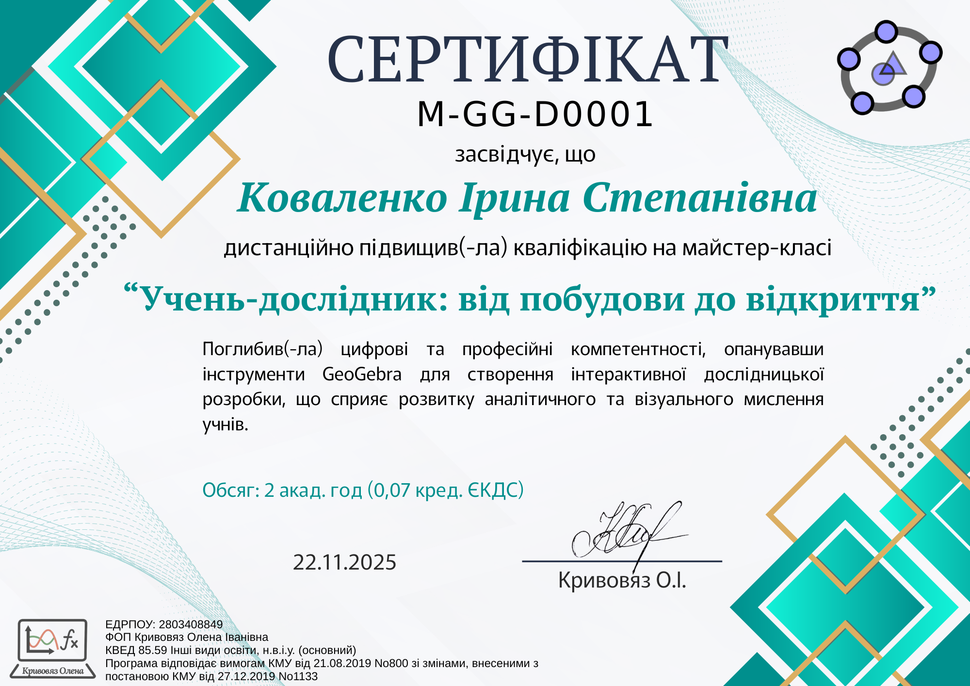 СЕРТИФІКАТ майстер-клас планіметрія